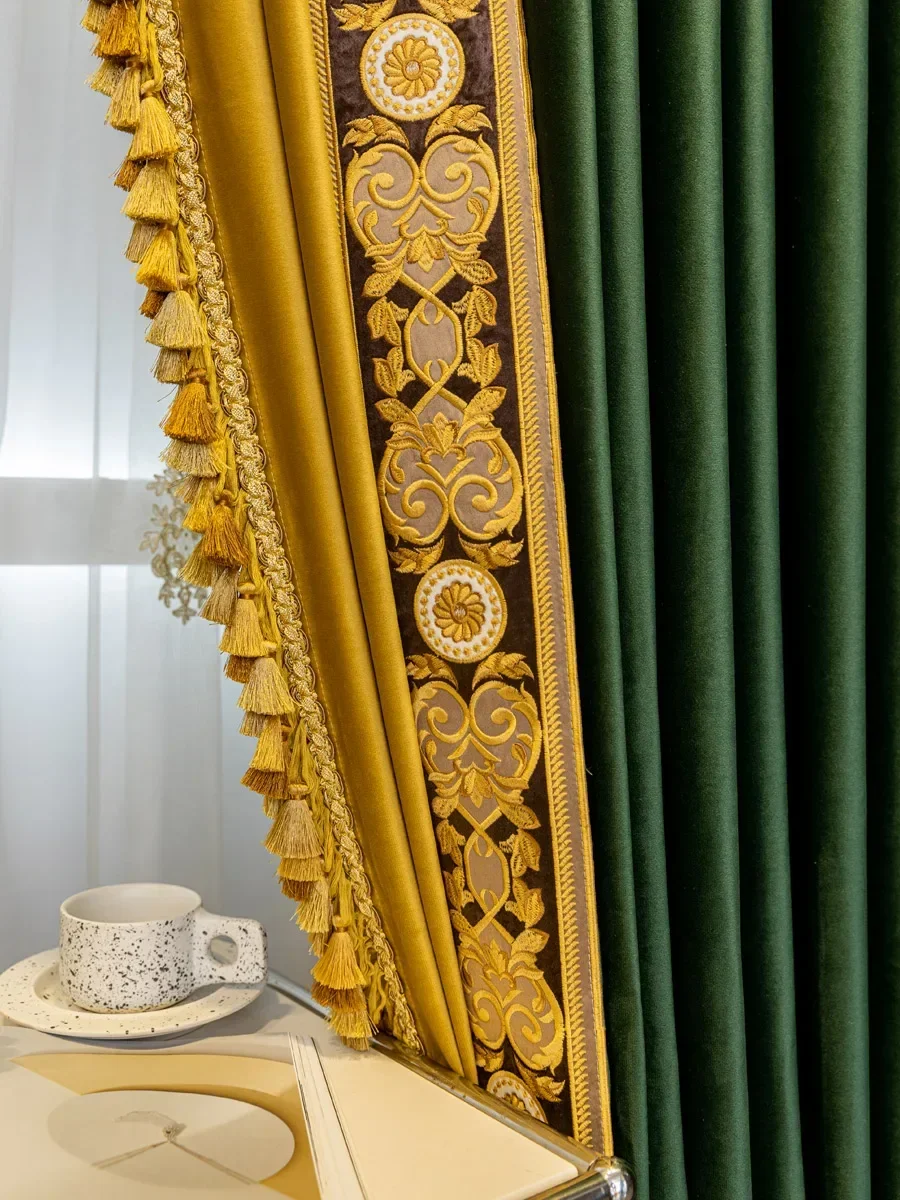 Window Screen Main Gold Silk Embroidery Lace Splicing Dark Green Velvet Curtains For Living Room Bedroom Villa French Window