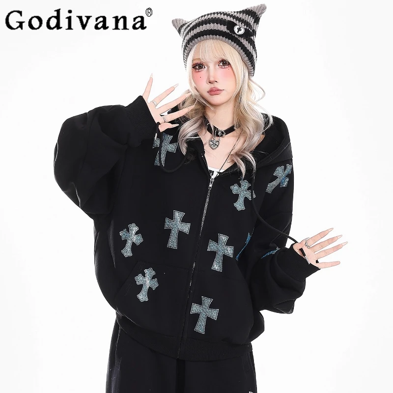 

Retro Rhinestone Hooded Sweatshirt for Women Autumn Winter Casual Loose Hoodies Female Long Sleeve Zipper Sweatshirts