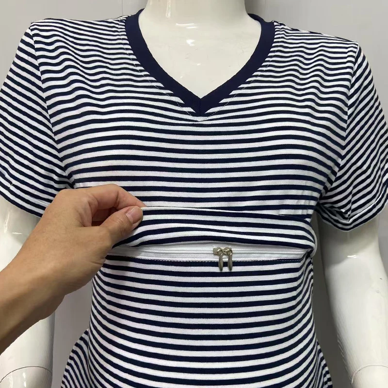 New Arrival Plus Size Maternity Nursing Dress Summer Short Sleeve V-neck Stripe Loose Breastfeeding For Pregnant Women