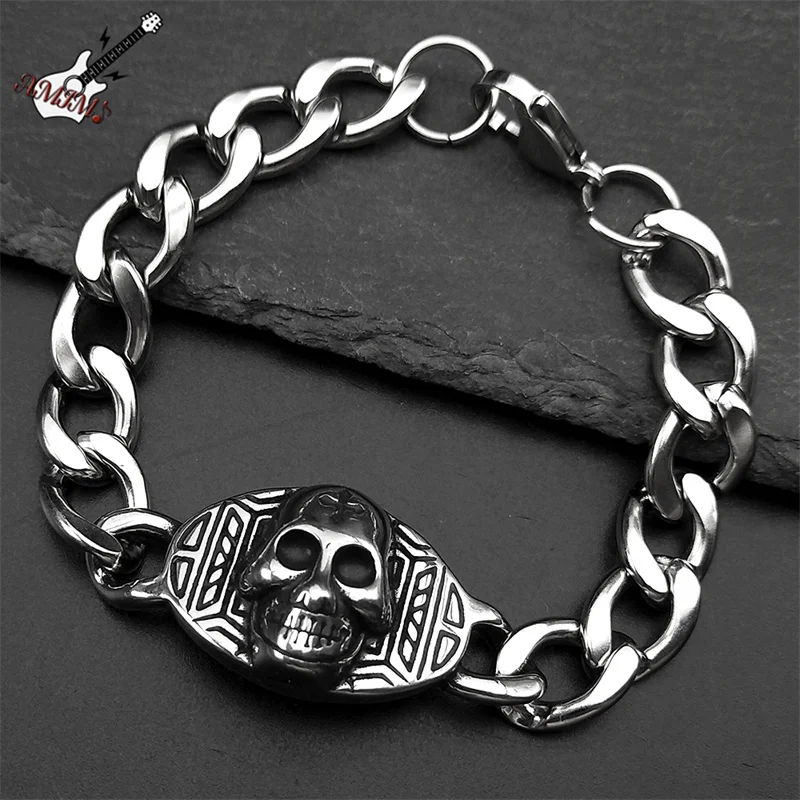 

Hiphop Punk Skull Skeleton Bracelet For Men Male Stainless Steel Dark Black Ghost Head Heavy Metal Style Rock Hand Chain Jewelry