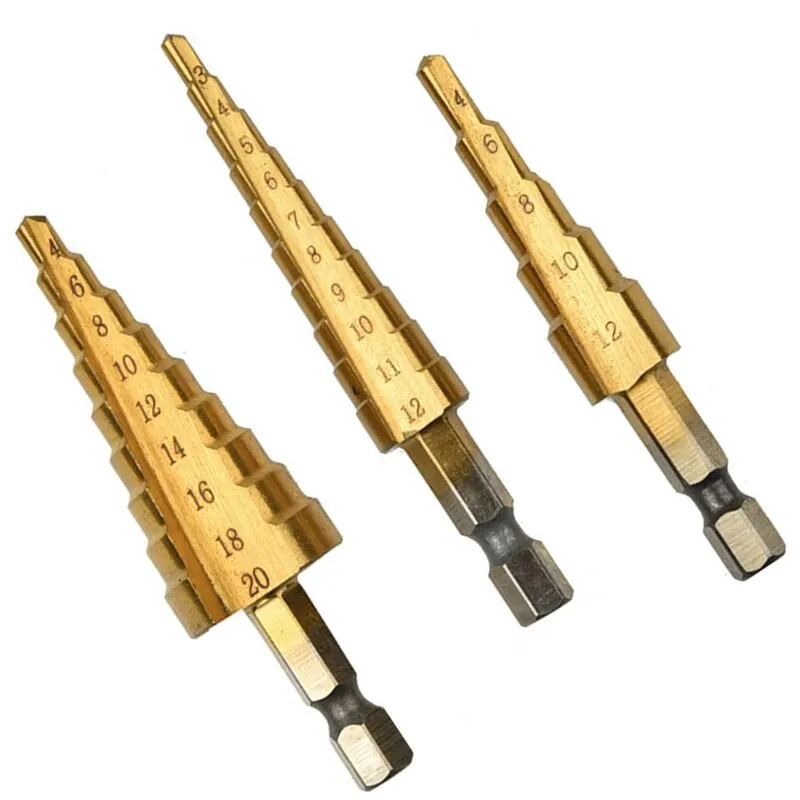 ก้านหกเหลี่ยมตรงสล็อตไทเทเนียมชุบบันไดเจาะ 3-12/4-12/4-20 มม.ขนาดเล็ก 3PC ชุดเจดีย์เจาะบิตเจาะเครื่องมือ