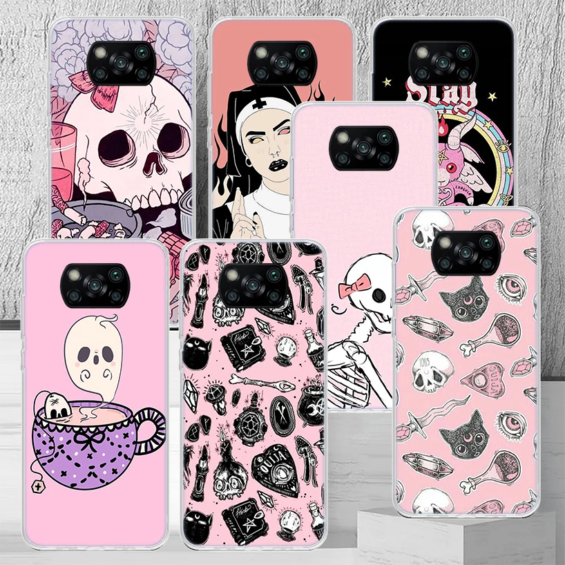 Pink Cat Skull Sorceress Witch Phone Case Housing For Xiaomi Mi 12X 12 10 11 Lite 9T 10T 11T Pro 11i 9 8 5X 6X Ultra 5G Customiz