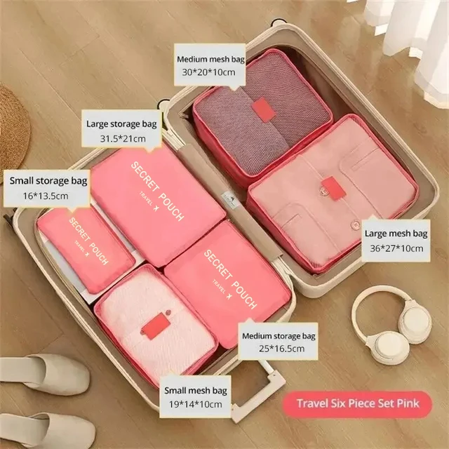 6 Pcs/Set Pink/Blue/Grey Travel Storage Bag Large Capacity Waterproof Luggage Clothing Underwear Storage Bag Bag With Zipper 2