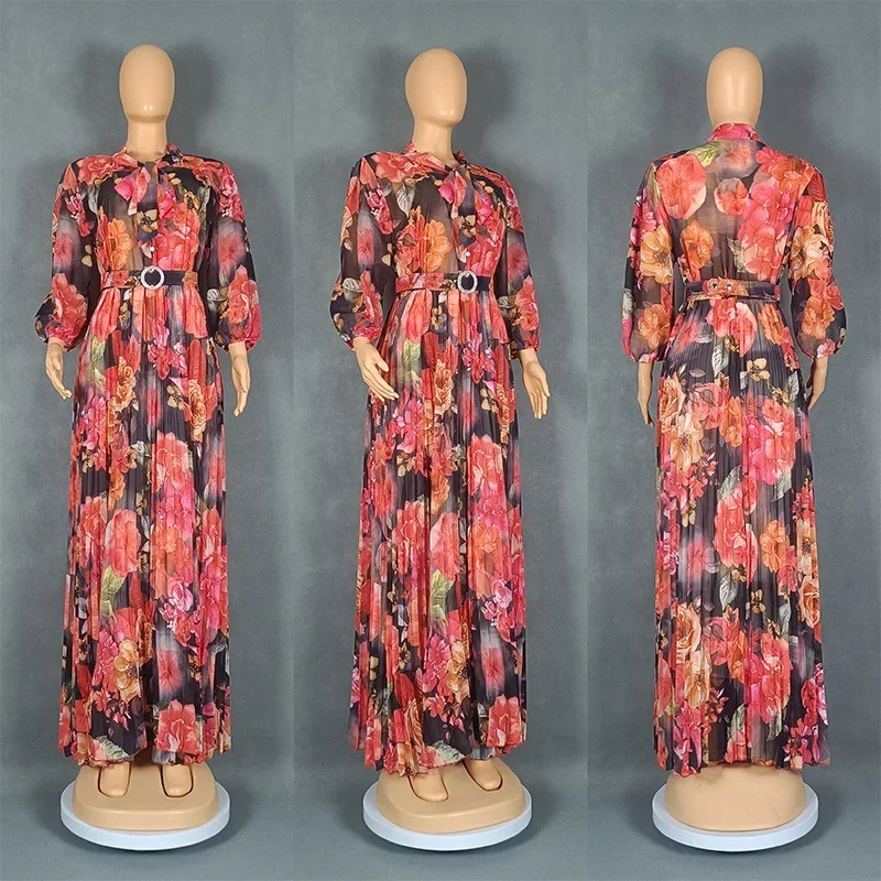 Print Chiffon Maxi Dress African Dresses For Women Elegant Puff Sleeve High Waist Dress Africa Clothing Vestidos Robe Party