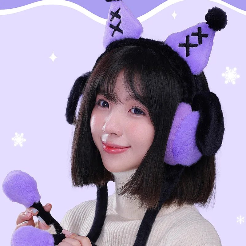 2024 New Kawaii Sanrio Winter Kuromi Warm Plush Earmuffs Movable Girl Anime Cute Plush Kuromi Ear Holiday Gift