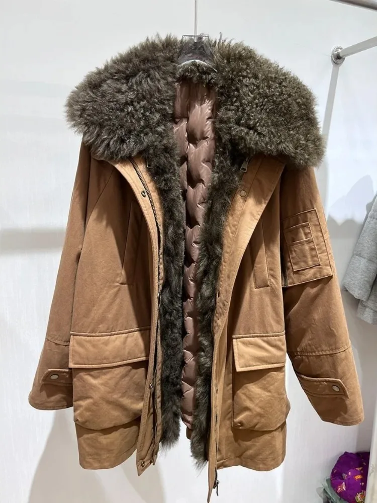 

Women's goose Down Coat Full Winter Puffer Jacket Real Lamb Wool Collar Coats Insulated Elegant Commuter Warm Outerwear Clothing