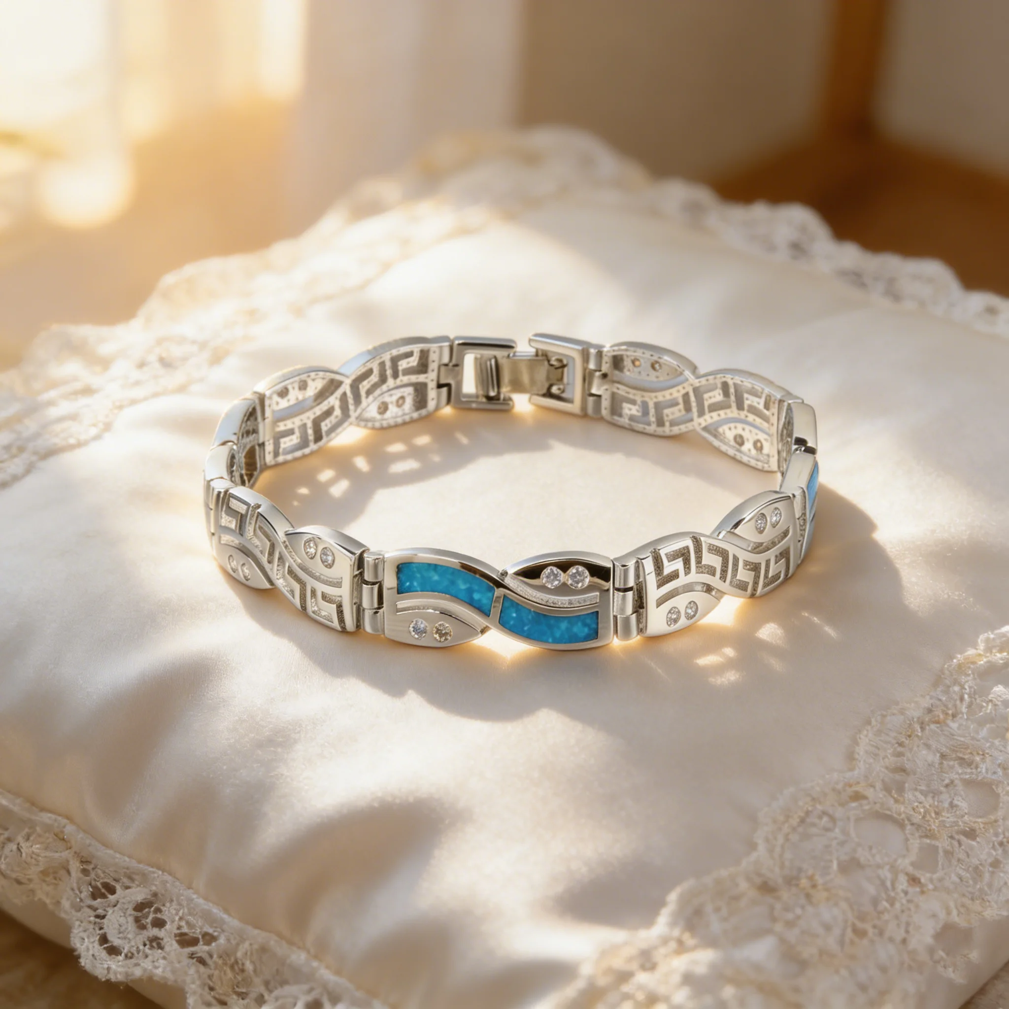 Blue Opal Inlay Bracelet with Greek Key Pattern – Vibrant Blue Gemstone Geometric Statement Band for Women Perfect Gift for Her