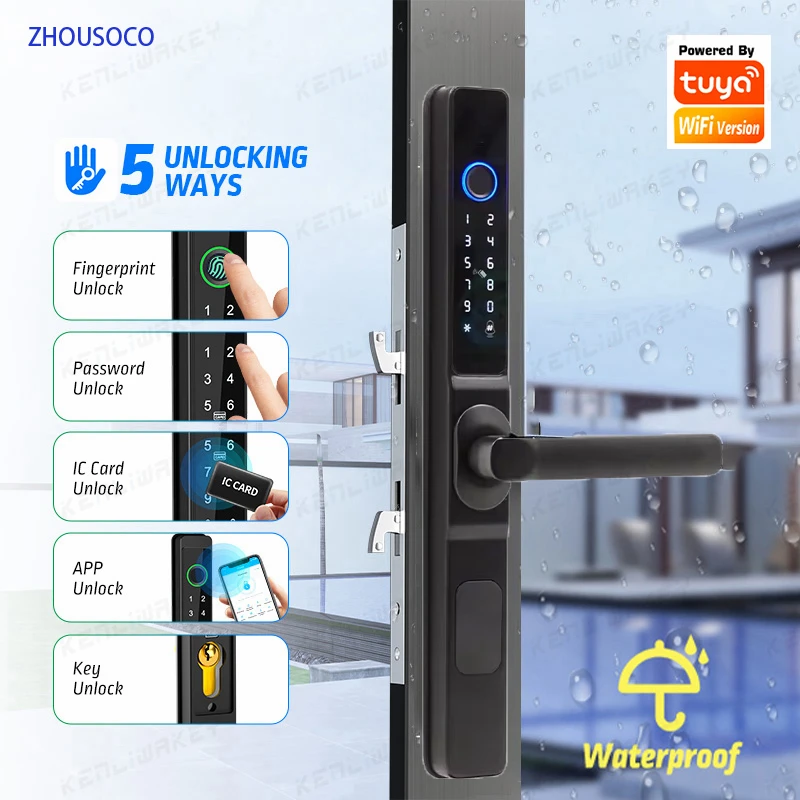 Waterproof Tuya Wifi Outdoor Fingerprint Biometric Smart Door Lock APP RFID Code Keyless Electronic Door Lock Glass Aluminum