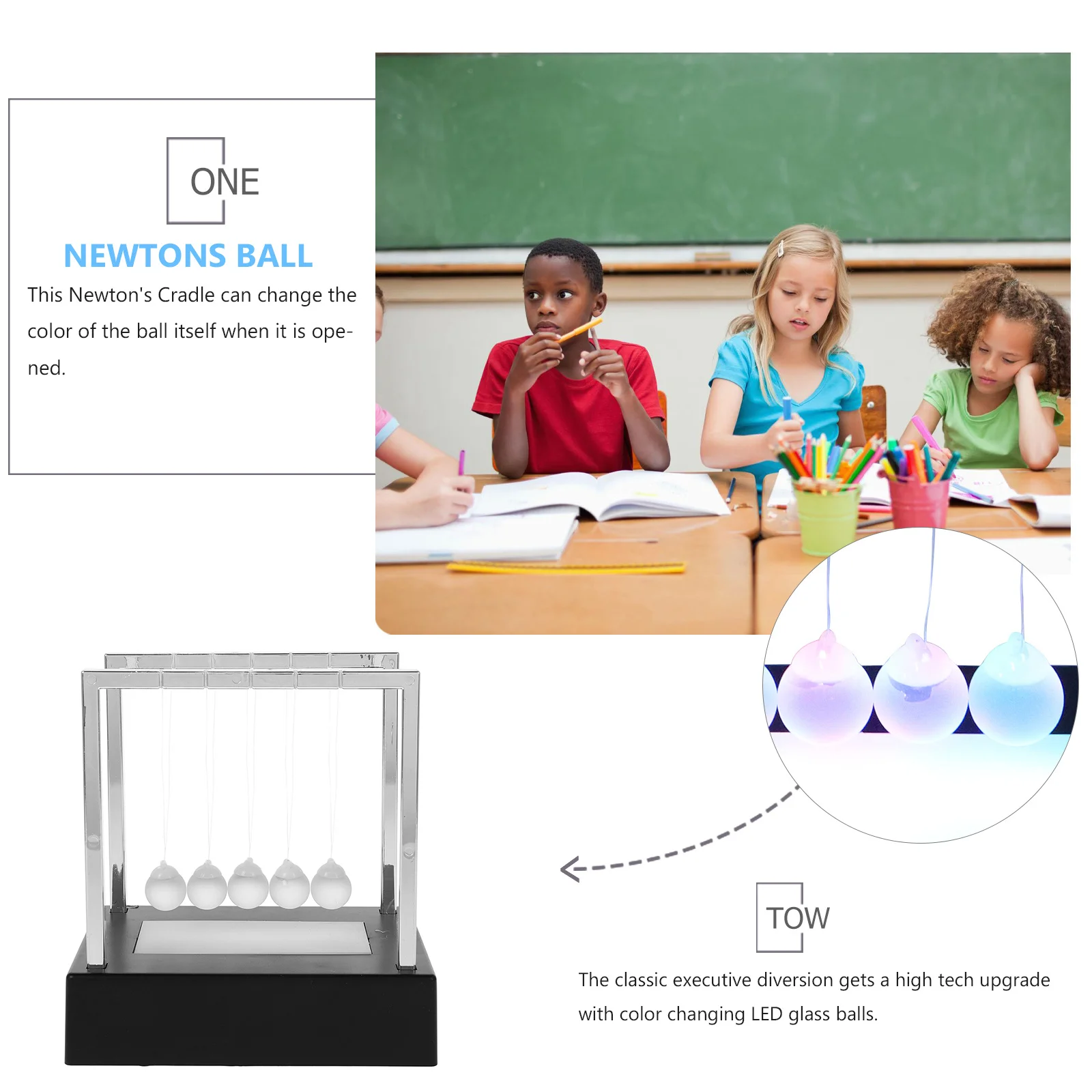 تغيير لون نيوتن مهد LED كرات زجاجية سوينغ التوازن الفيزياء التجريبي م قاعدة سوداء مكتب حلية استخدام المكتب المنزلي #6