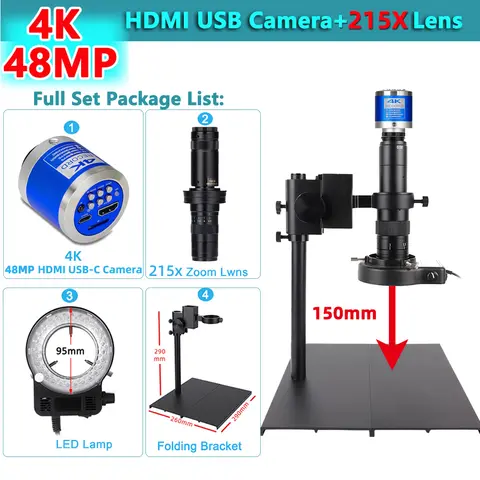 48MP 전자 현미경 카메라 4K 비디오 디지털 HDMI USB 1-215X C 마운트 렌즈 LED 조명 포함 실험실 PCB 휴대폰 수리 도구