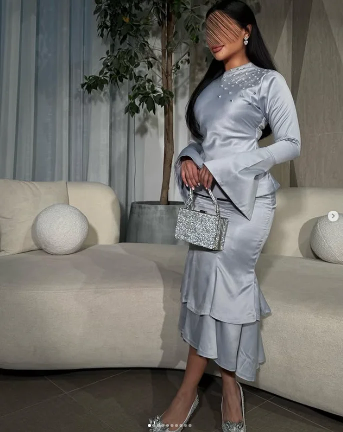 Vestidos de Cóctel de noche plateados hasta el té, manga larga, Jersey personalizado de cristal, cuello alto, vestido de fiesta de graduación, exquisito y moderno