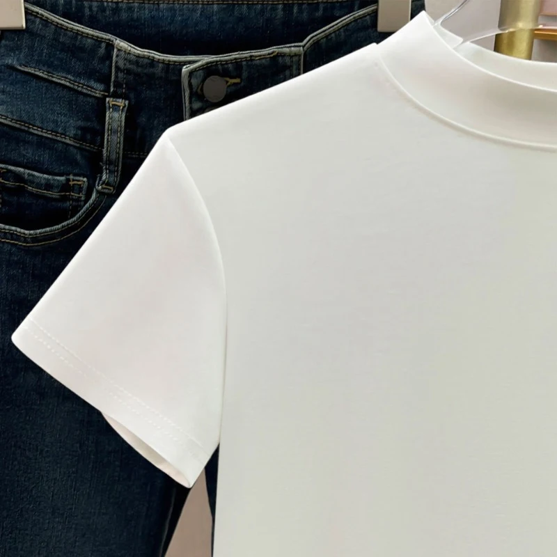 Повседневные женские футболки с коротким рукавом, новые летние однотонные облегающие элегантные базовые футболки, верхние рубашки, простая футболка с высоким воротом