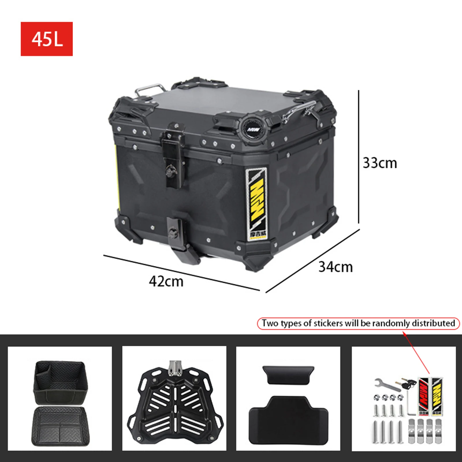 45L Motorcycle Tail Box with Anti-theft Lock Waterproof Dustproof Heavy Duty Black Aluminum Motorcycle Trunk with Universal Base