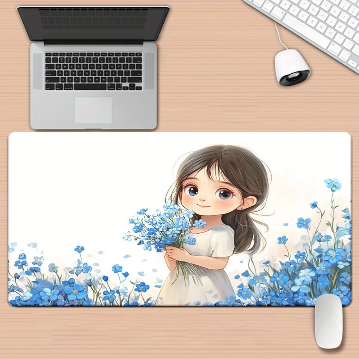 

1pc XXL Blue Floral Girl with Flowers HD Printed Desk Mat - Multi-Functional Gaming Mouse Pad & Keyboard Mat for PC, Office Comp