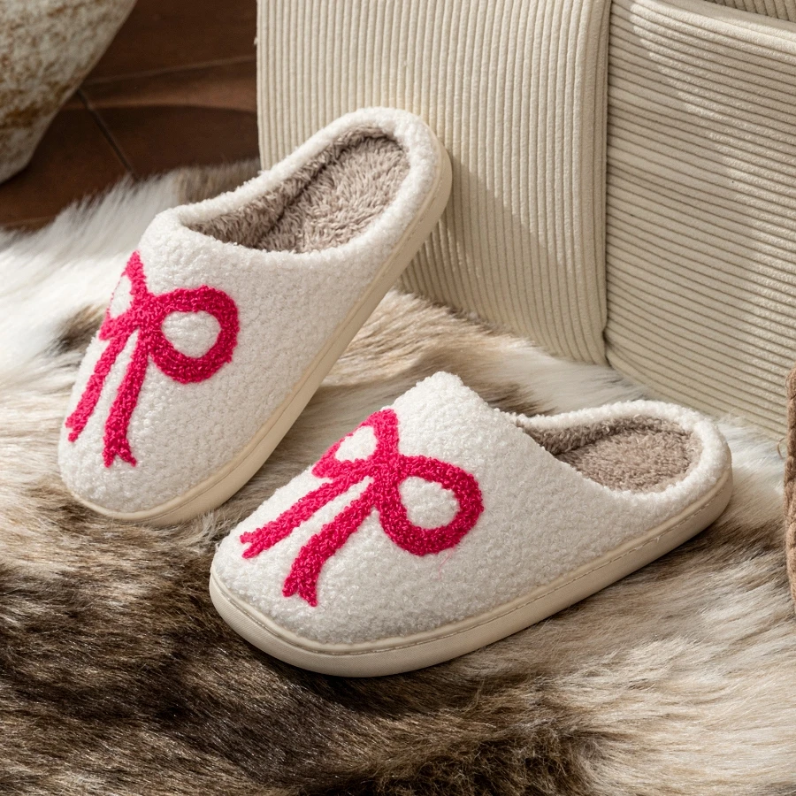 Cute Bow Pattern Winter Fashion Indoor Women's Slippers Leisure Warm Comfy Soft Sole Bedroom Plush Girl's Anti-slip Home Shoes