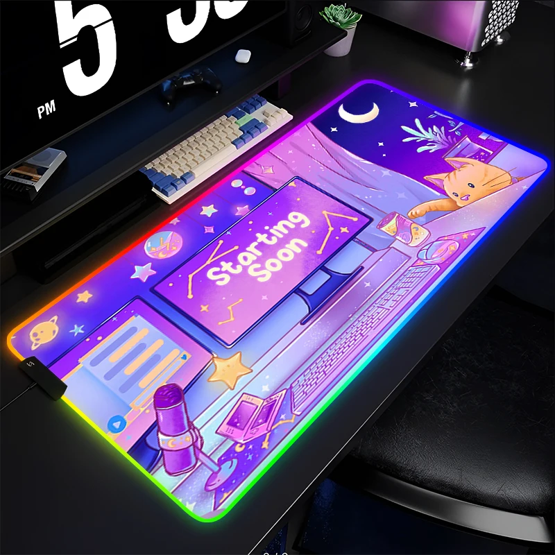 

RGB Mouse Pad Laptop PC Gamer Kawaii Keyboard Pad LED Cartoon Cat Luminous Mousepad Aesthetic Cozi Lofi Plant Extended Desk Mat