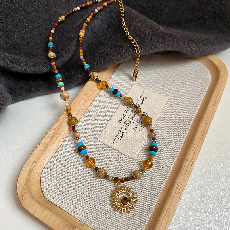 Titanium Steel Natural Stone Rice Beads Sunflower Beaded Necklace Neo-Chinese Retro Collar Chain Light Luxury Jewelry For Women