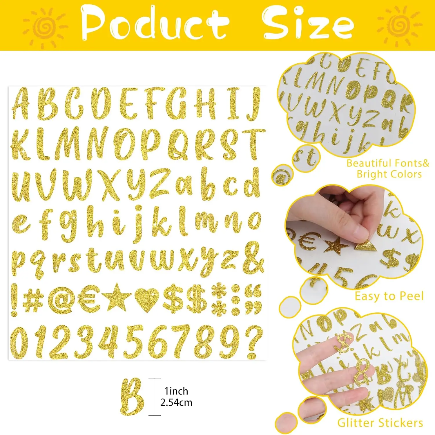 8 Sheets 1 Inch Gold Glitter Alphabet Stickers Letters Numbers Self Adhesive for Scrapbooking Journaling Planner DIY Craft Decor