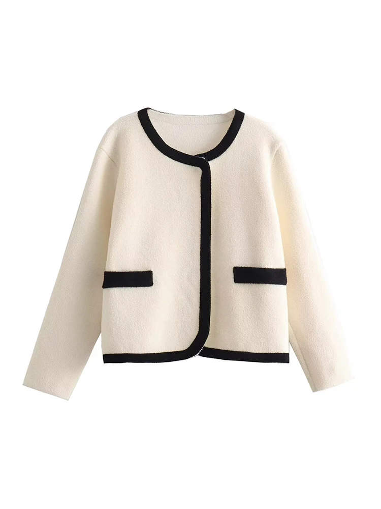 New Women's Clothing European and American Style Classic Chanel Style Button Hemming Long Sleeve Knitted Jacket