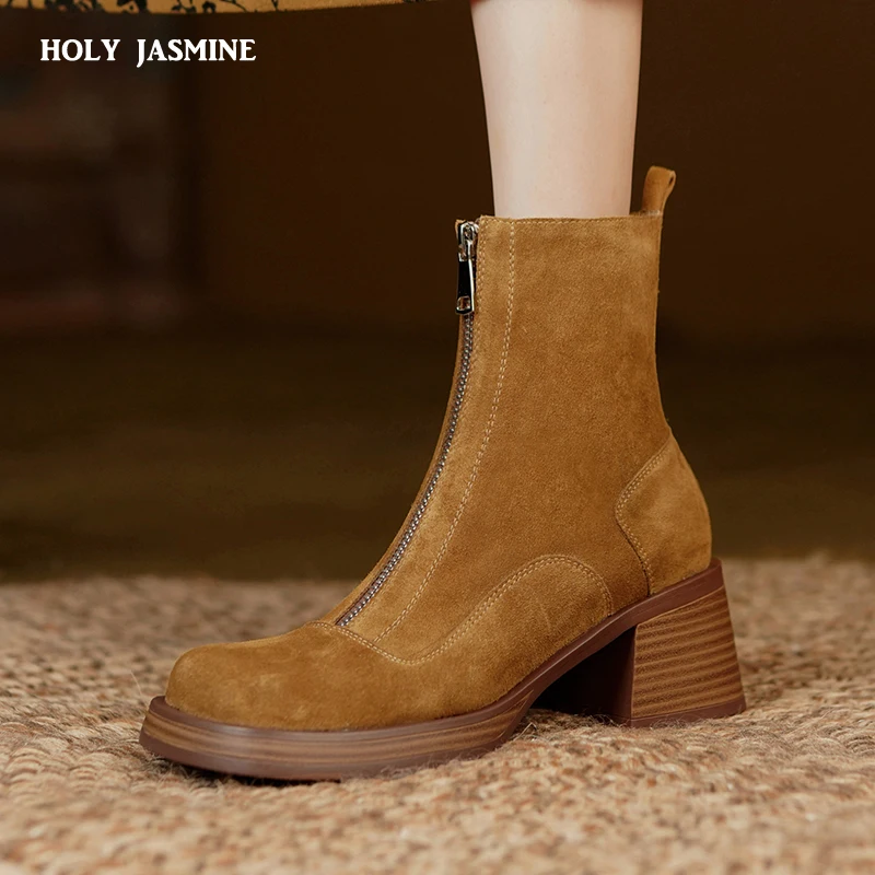 Autumn Winter Zipper Women Ankle Boots Office Ladies Concise Thick Heels Pointed Toe Shoes Woman Cow Suede Leather Short Boots