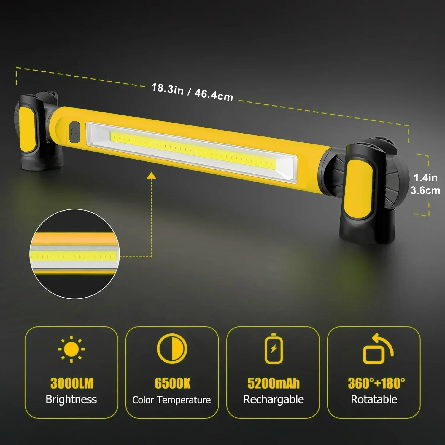3000LM Super Bright USB-C Magnetic Work Light, 360° Rotating Base & Hooks, IP65 Waterproof,  for Car Repair/Camping/Emergency