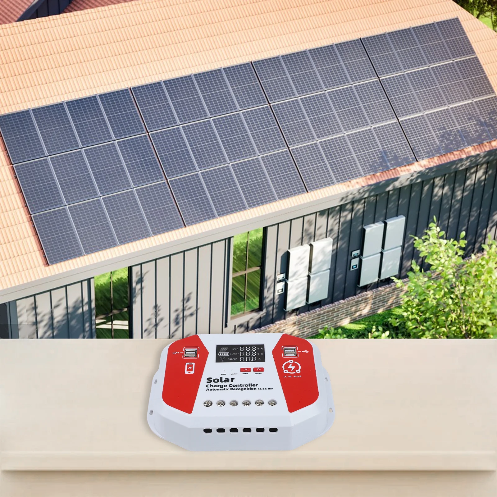 

3-Stage Charging 12 24 48V Controller 4x USB 5V 2A Outputs Automatic Voltage Recognition Lcd Solar Charge Controller