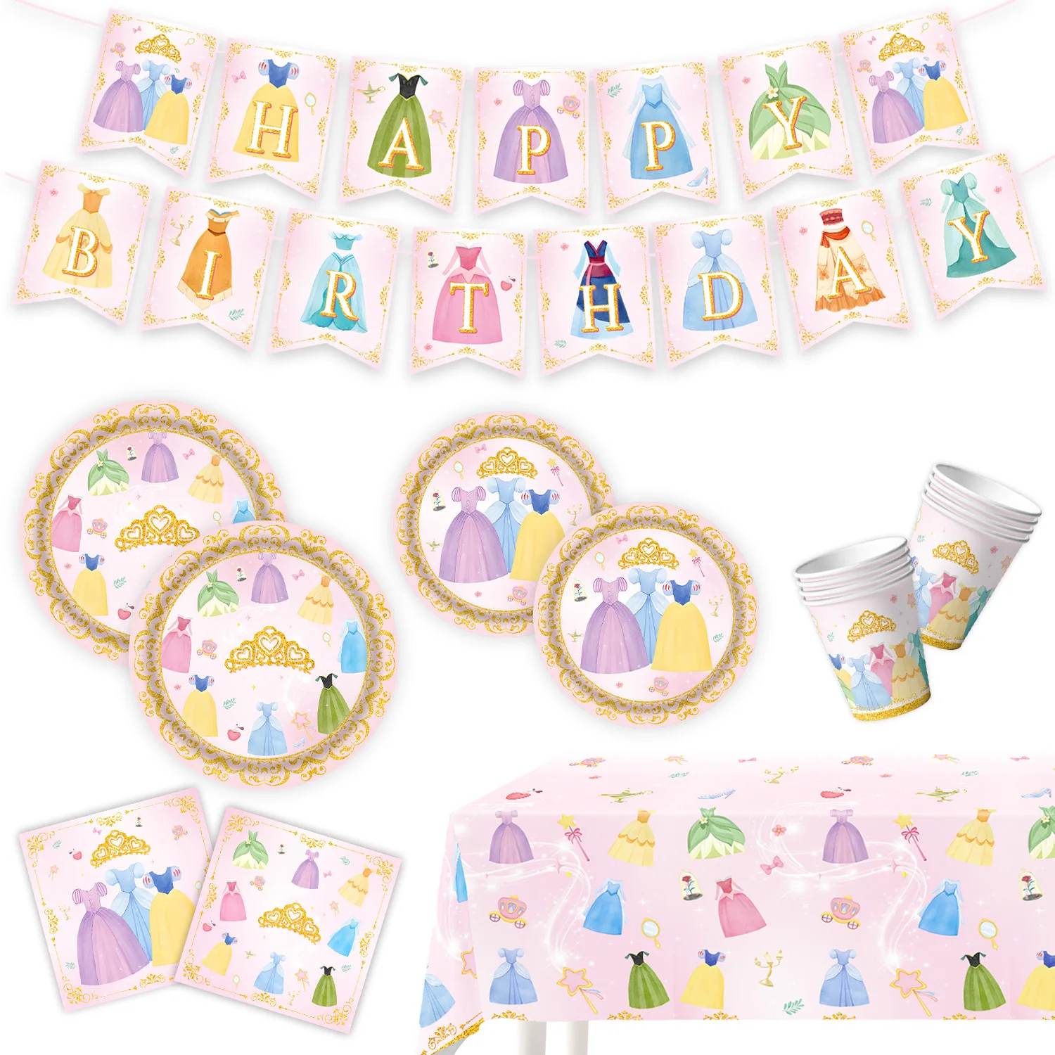 Prinzessin Kleid Mädchen Geburtstag Party Einweg Geschirr Pappbecher Teller Serviette Tischdecken Ballon Für Baby Showe Decor Liefert – Detail 1