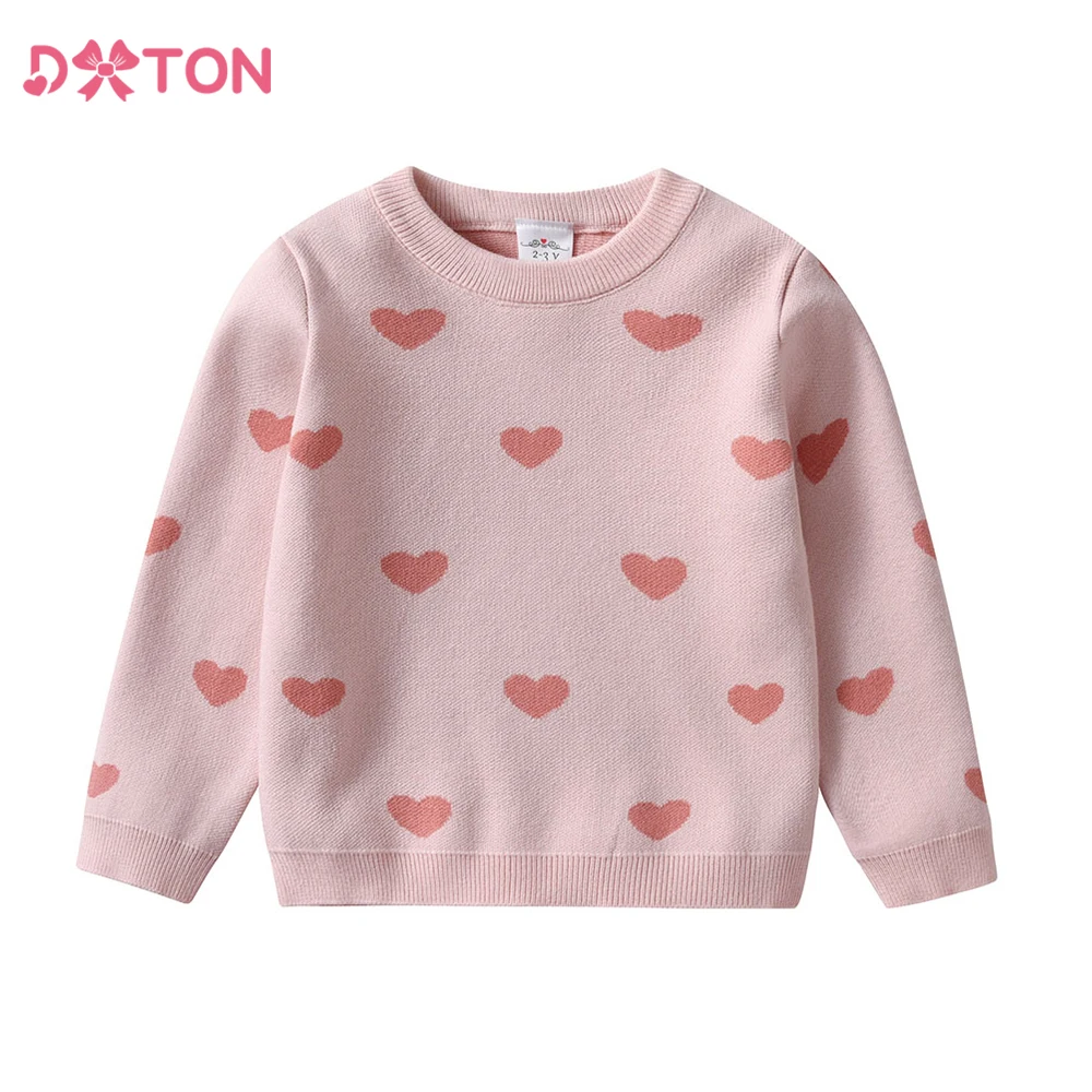DXTON Girls Autumn Winter Knitted Tops Long Sleeve Pullover Kids Casual Knitwear Heart Shape Print Children's Sweaters Clothes