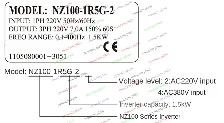 Inverter MODEL150% 60S 0.1-400HZ 220V 7.0A 220V 50HZ/60HZ OUTPUT:3PH  NZ100-1R5G-2 1.5KWINPUT:1PH