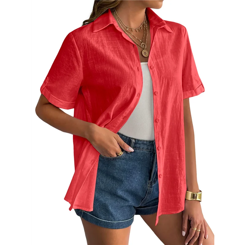 【SEE】 Camicia da donna con bottoni in cotone Camicia a maniche corte con orlo arrotolato Top estivo da donna in cotone da spiaggia casual con scollo a V