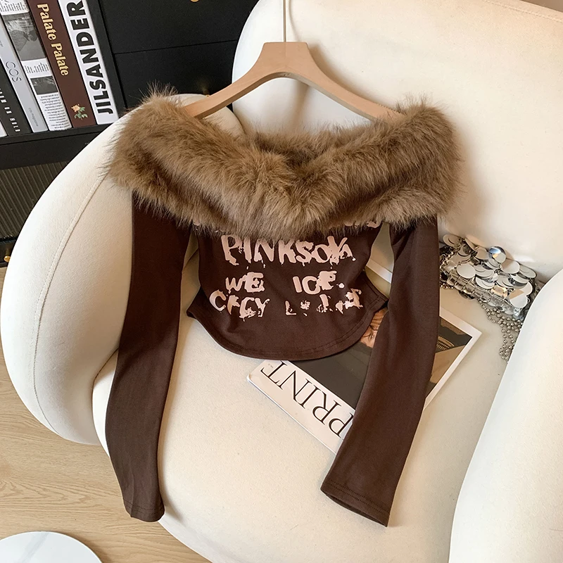 

Y2K Сексуальная укороченная футболка женская с длинным рукавом с разрезом на шее и буквенным принтом уличная одежда футболки с меховым воротником в стиле пэчворк из чистого хлопка облегающие топы