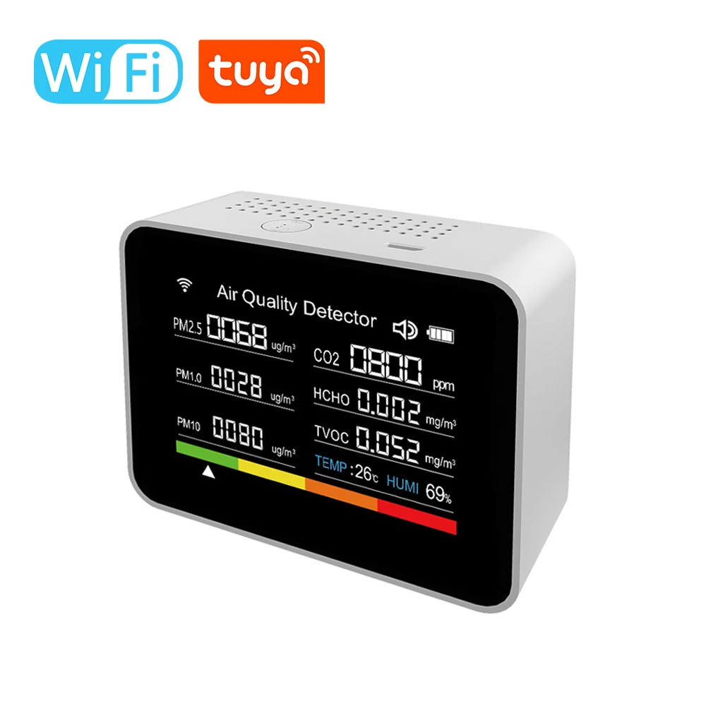 

Tuya WIFI Smart Air Quality Tester Indoor CO2 Detector CO2/TVOC/PM2.5/PM1.0/PM10/Temperature/Humidity/Time/Date/Alarm/Timer