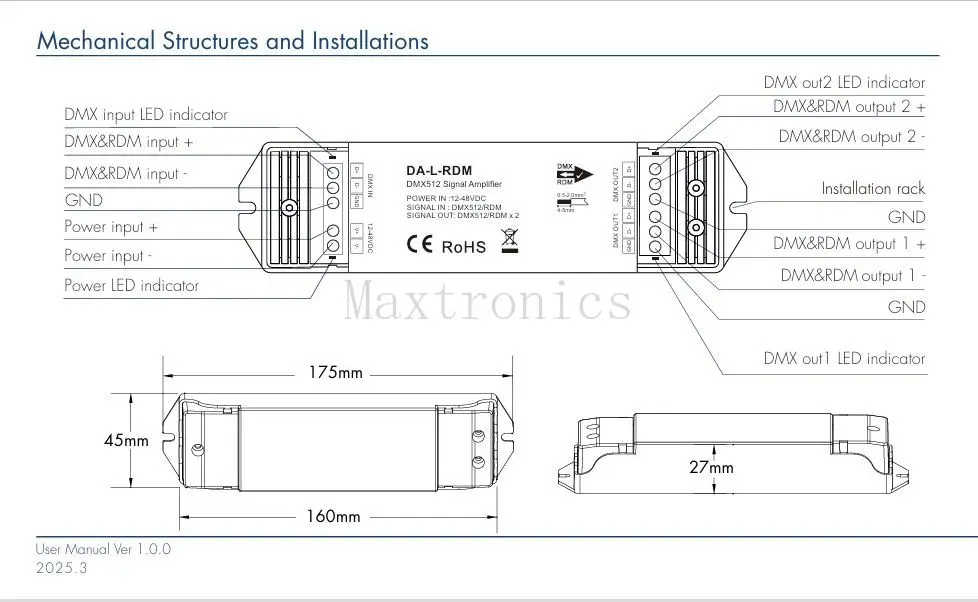 SKYDANCE DC12-48V 2 canales DMX y RDM DMX512 amplificador de señal DA-RDM/ DA-L-RDM una entrada de señal DMX512 y RDM, dos señales DMX512 y RDM