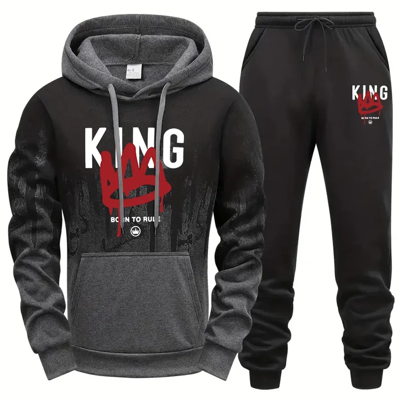

King Printing Mens Tracksuit Casual Sweatshirt Sweatpants 2 Pcs Set Sports Jogging Mens Clothing Splash-ink Hoodies Suit Street