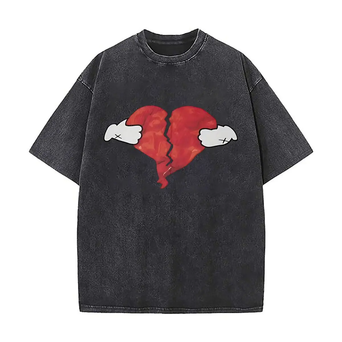 Broken He Bold Text Red Emotion Themed Design Vintage Distressed Washed Cotton Short Sleeve Streetwear Outfit
