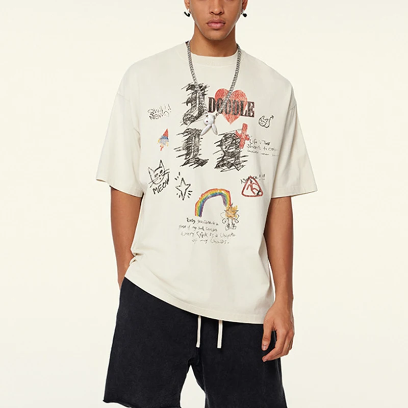 Summer Washed Vintage Graffiti Hand-drawn Print Short Sleeved T Shirts Men Fashion Casual Cotton T-shirt Men's Fleece T-shirts