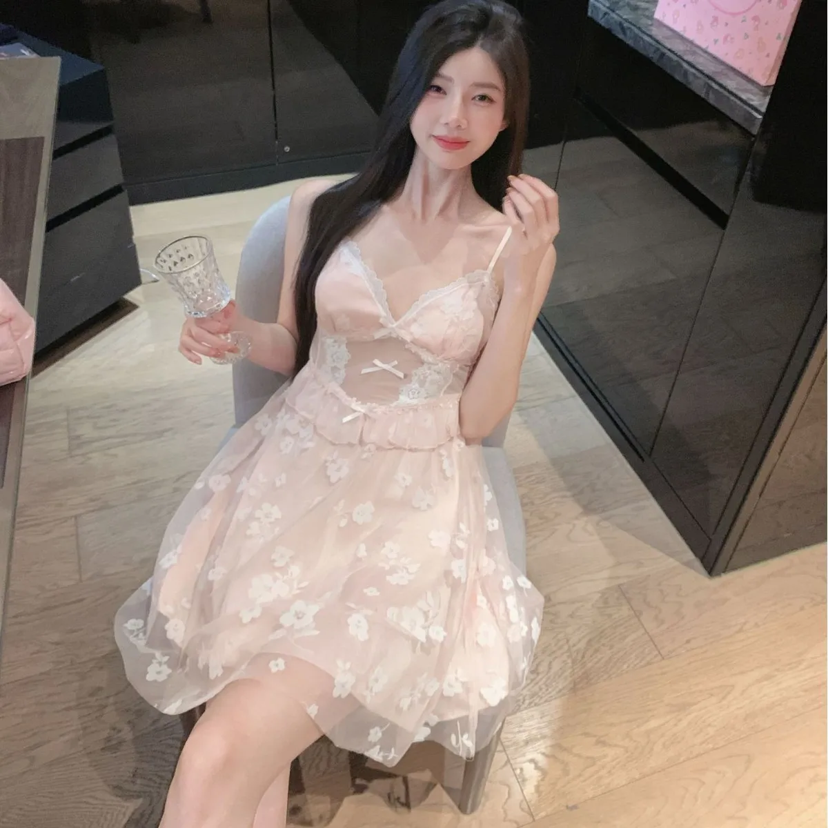 French suspender pure butterfly print ice silk sleepwear deep V temptation with chest cushion sexy nightgown outer robe set