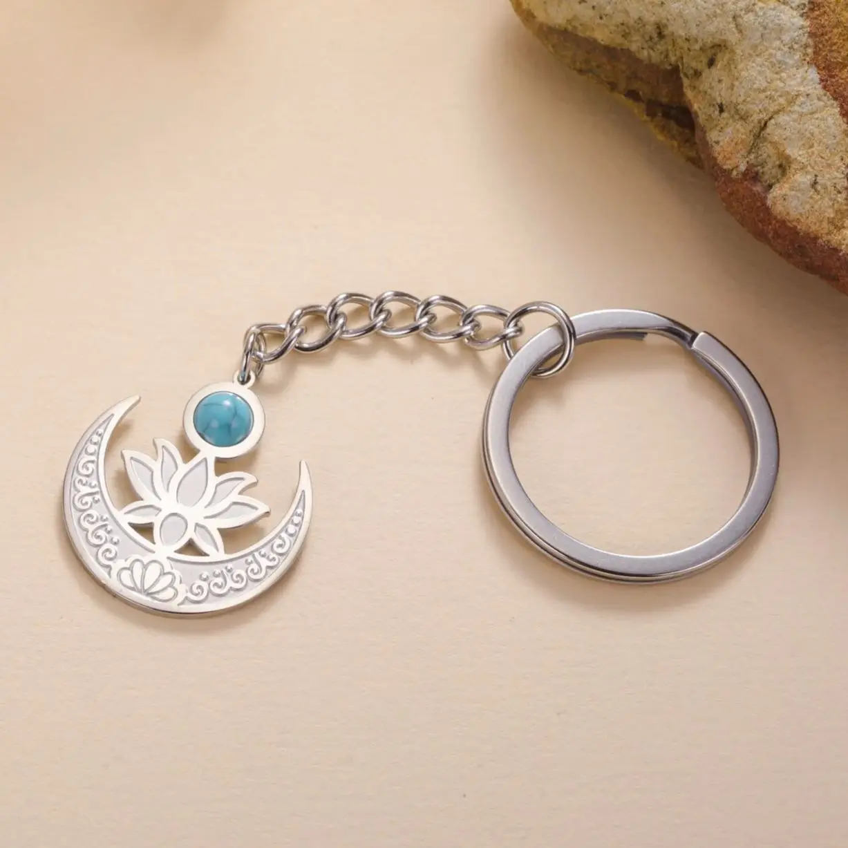 LIKGREAT Cresent Moon Lotus Flower Keychain for Women Men Stainless Steel Yoga Pendant Buddhism Jewelry Hindu Amulet Gift