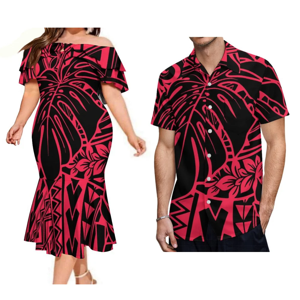 

Island-Style Couple Set Floral Print Hawaiian Samoa Tight Fishtail Dress Elegant Dress For Women And Polynesian Shirt For Men
