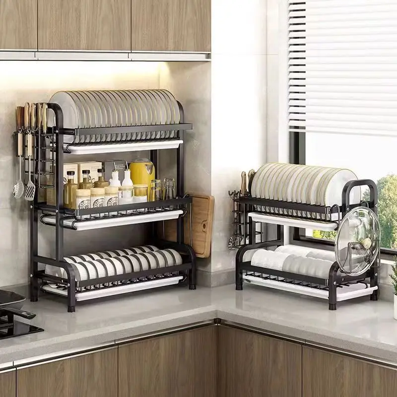 3 Tier Dish Drying Rack Over Sink – Expandable Kitchen Counter Drainer with Drainboard, Rust Resistant Utensil & Cup Holder Set