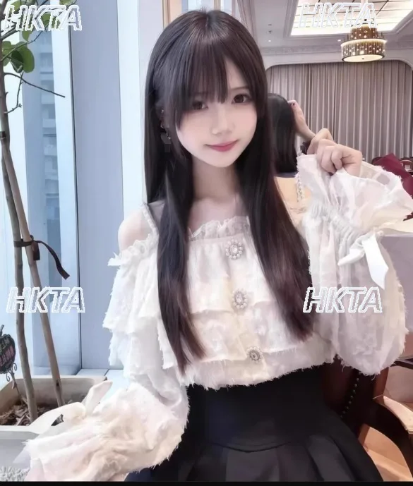 

Японский сладкий кружевной топ в стиле Лолиты с открытыми плечами и бантом, топ на подтяжках с длинными рукавами, женская рубашка, осенняя черная юбка с высокой талией, комплекты из двух предметов