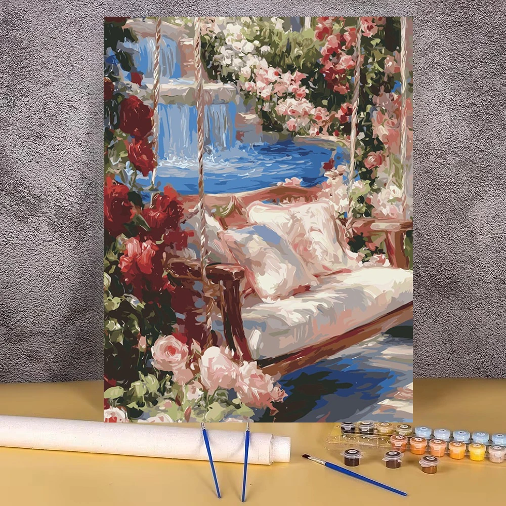 Garden Swing Floral Waterfall Scenery Oil Painting By Numbers Modern Wall Decor for Living Room Bedroom Perfect Gift No Frame