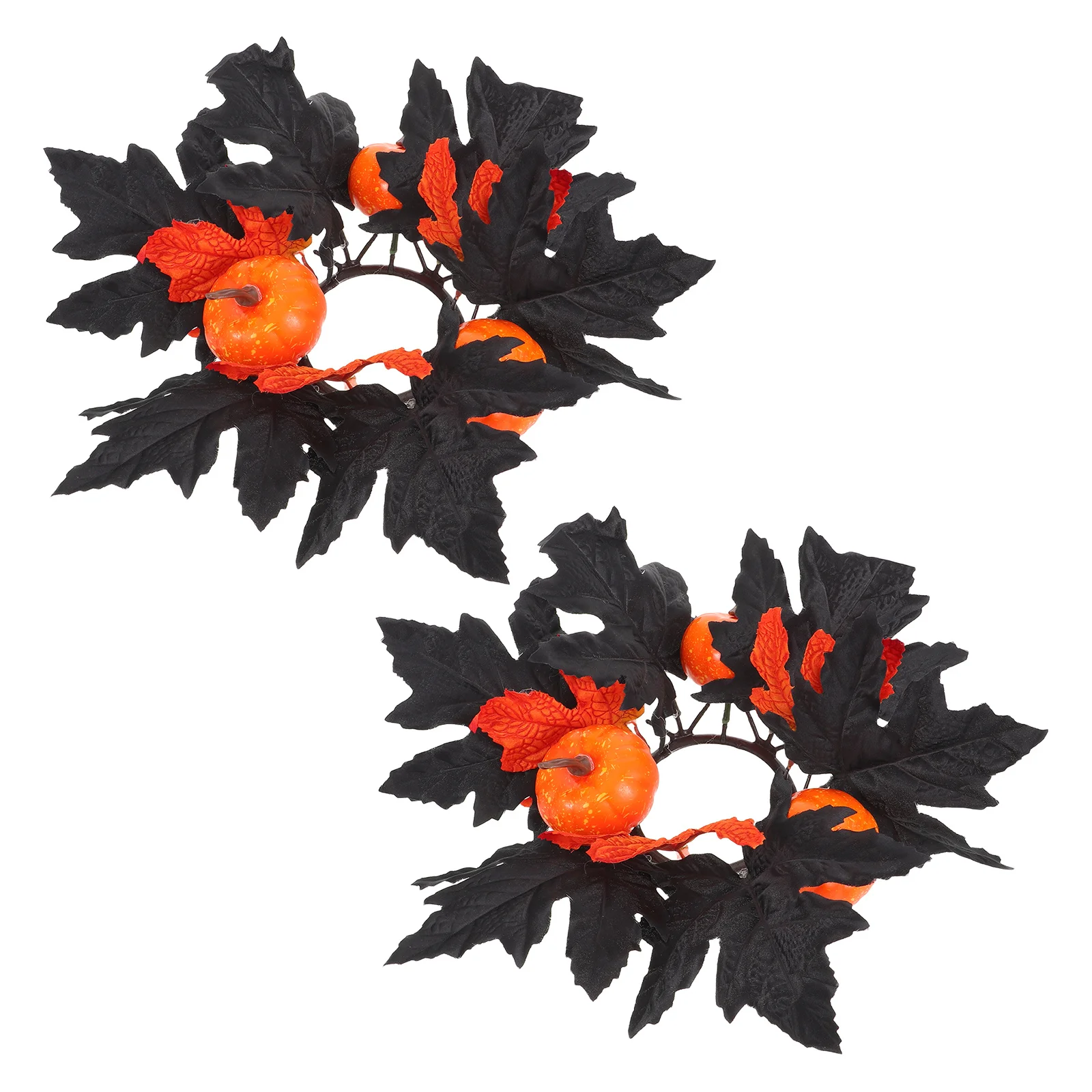 

2Pcs Halloween Rings Wreath Black Artificial Maple Leaf Holder Garland for Fall Halloween Thanksgiving Table