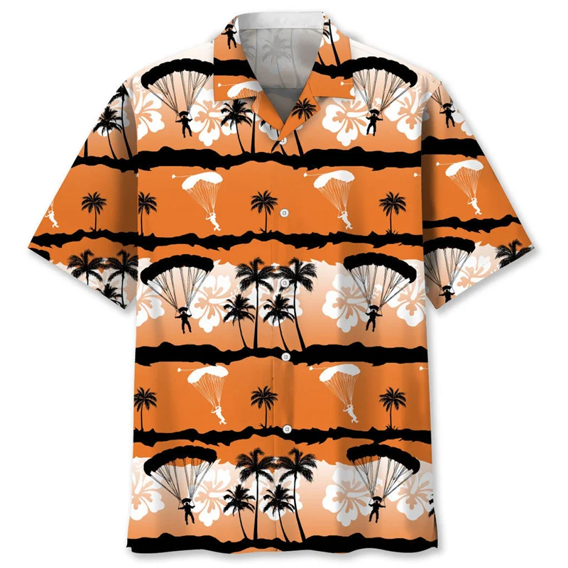 Skydiving Pattern Hawaiian Shirt Men Fashion 3d Printed Tropical Flowers Shirts Summer Street Short Sleeves Lapel Button Blouse