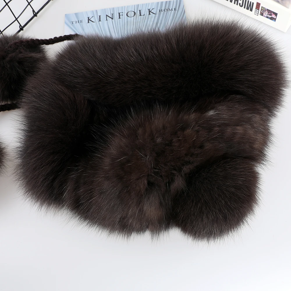 Luxury Women\'s Winter Genuine Sable Fur Trapper Bomber Hats Mink Fur Ear Flap Caps Helmet Russian Warm Headwear Fox Fur Pom Poms