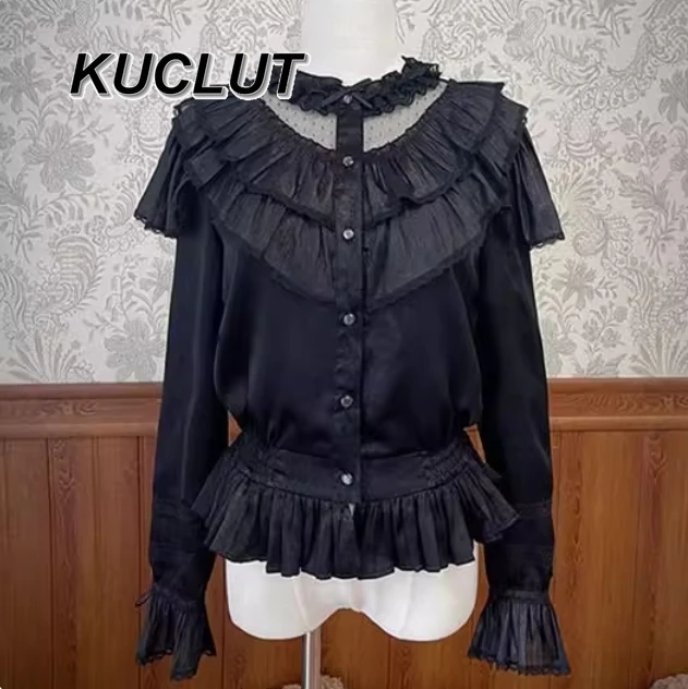

Long-sleeved Inner Lolita Style Doll Wall Stand-up Collar V-shaped Ruffle Edge Casual Elegant Blouses Femme Women's Tops