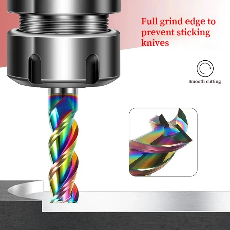 HRC65 colorful Aluminum Milling Cutter, Three Edge High Gloss Coating CNC Cutting Tool, Tungsten Steel Alloy End Milling Cutter