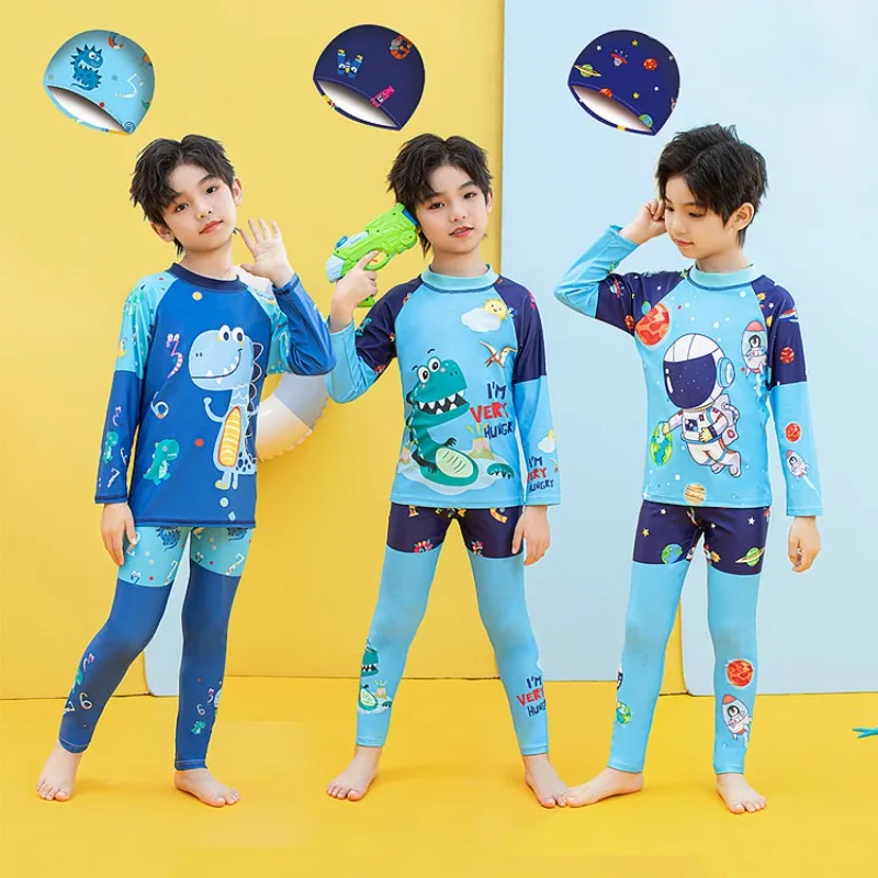 

Baby Boys Cartoon Dinosaur Astronaut Swimsuit Teenage Children's Hot Spring Swimwear Set Long Sleeve Baby Swimming Suit with Cap