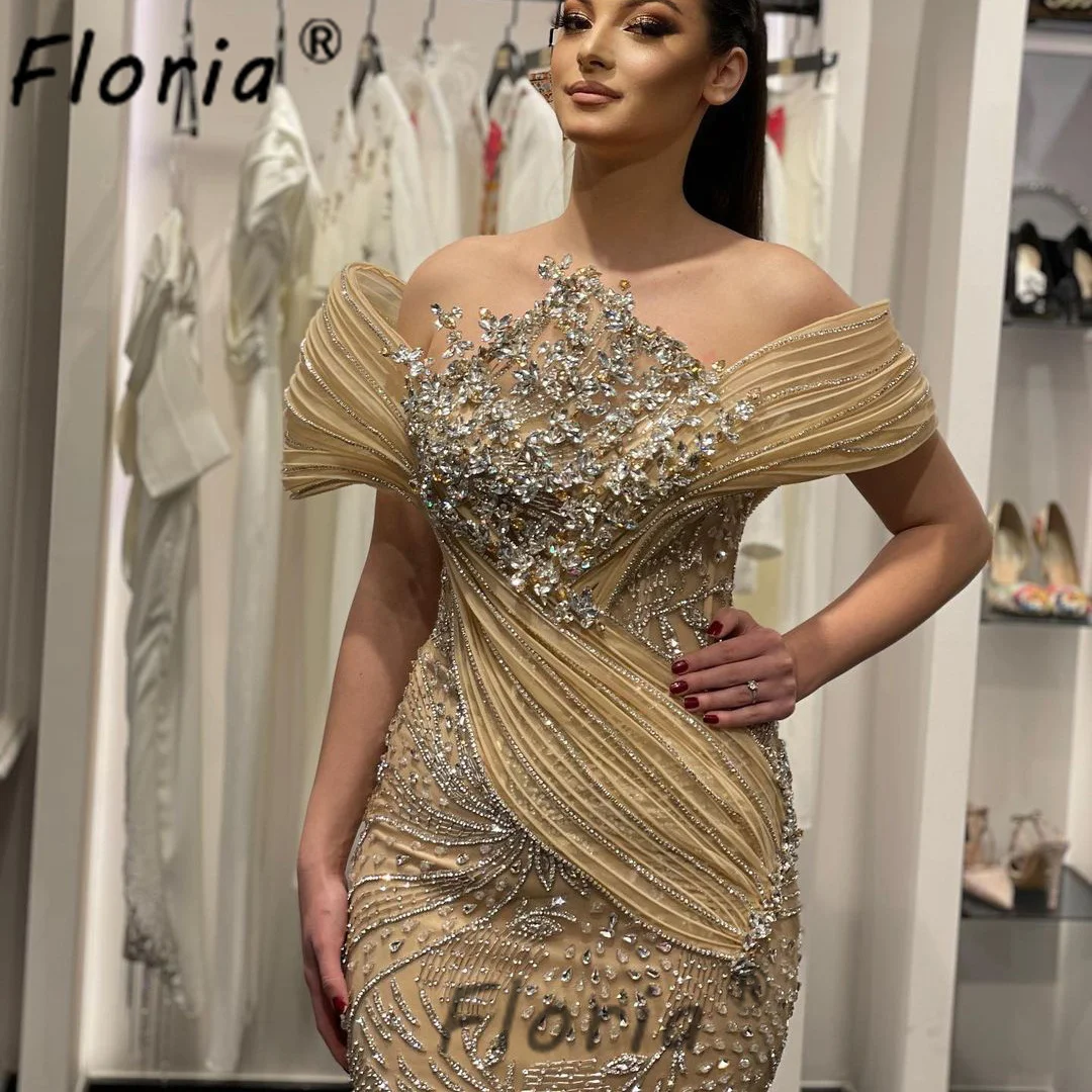 Luxury Dubai Champagne Beaded Mermaid Evening Party Dress Crystal Off the Shoulder Customized Couture Special Occasion Dresses