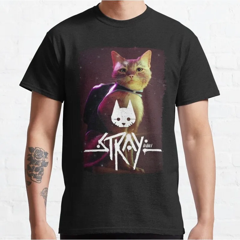Stray Video Game Cat Graphic T‑Shirt O‑Neck Short Sleeve Unisex Tees Cyberpunk Stray Cat Print Casual Streetwear For Gamer Fans